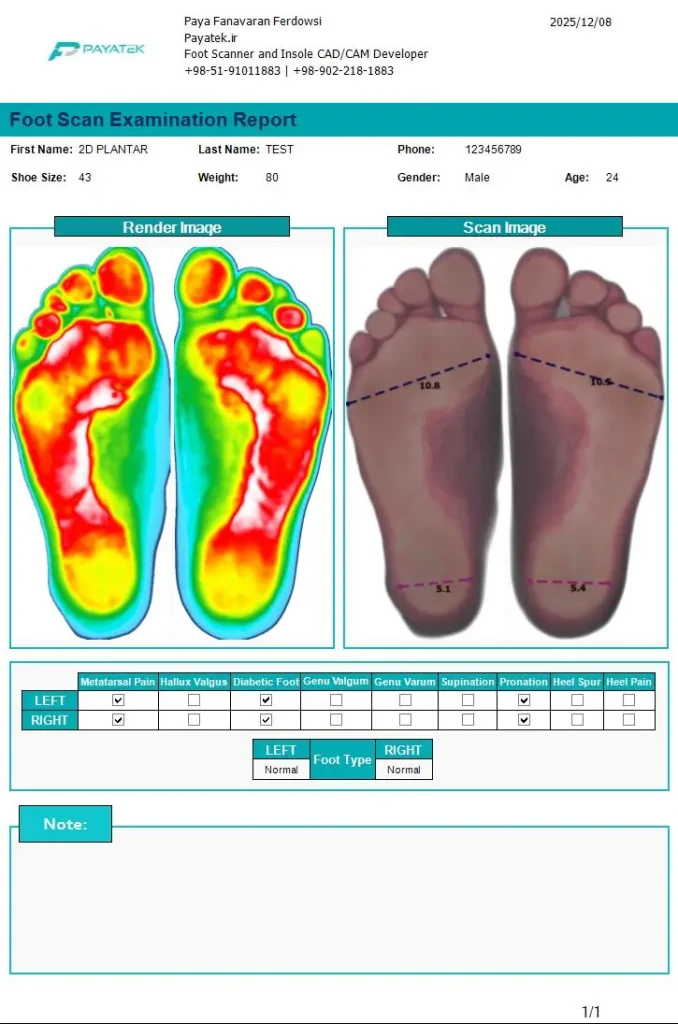 گزارش اسکنر دو بعدی کف پا